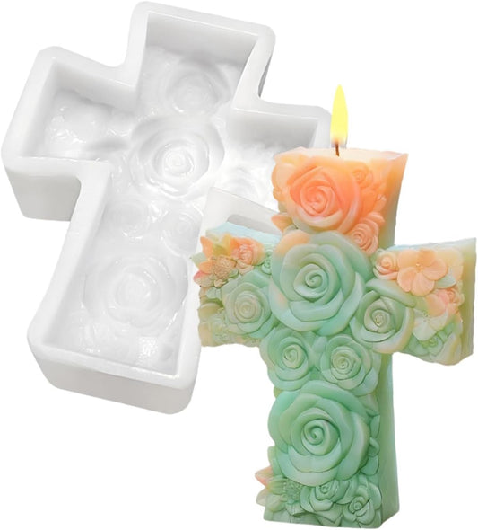 Airssory 1 Pc 3D Cross Pillar Candle Molds with Rose Flower Candle Silicone Molds for Making Candle, Resin, Aromatherapy Candles, Home Decor, Craft