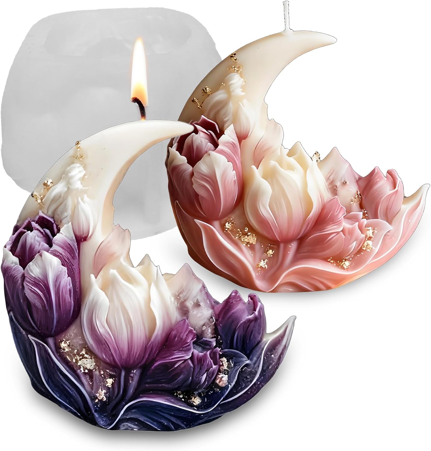 Wehous Moon Flower Candle Soap Mold, 3D Elegant Moon Tulip Silicone Molds for Epoxy Resin Concrete, Unique Floral Cake Chocolate Candle Soap Wax Clay Art Craft Mould DIY Wedding Party Decor