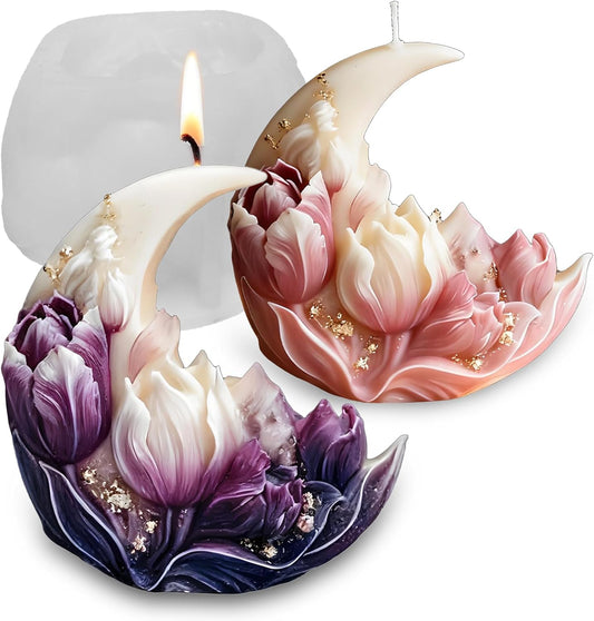 Wehous Moon Flower Candle Soap Mold, 3D Elegant Moon Tulip Silicone Molds for Epoxy Resin Concrete, Unique Floral Cake Chocolate Candle Soap Wax Clay Art Craft Mould DIY Wedding Party Decor