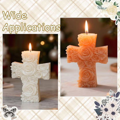 Airssory 1 Pc 3D Cross Pillar Candle Molds with Rose Flower Candle Silicone Molds for Making Candle, Resin, Aromatherapy Candles, Home Decor, Craft