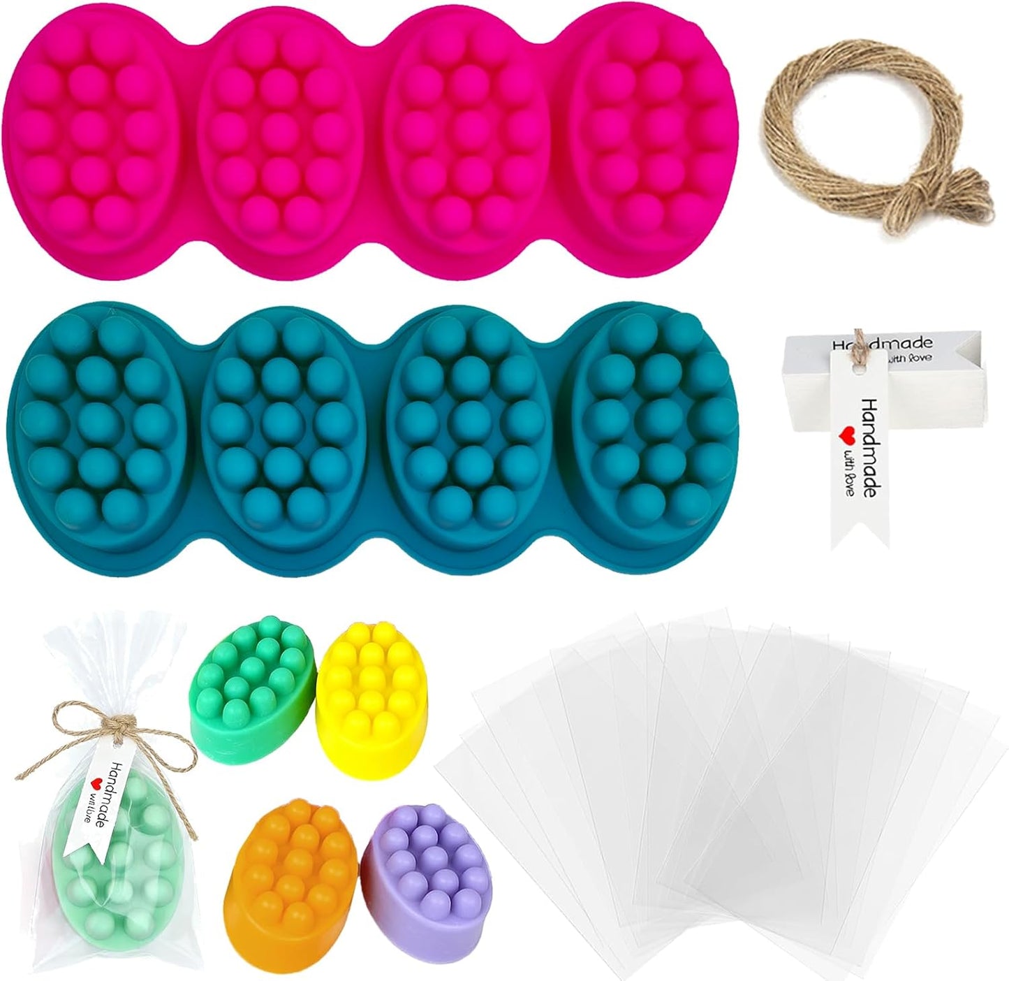 Silicone Soap Making Kit with 2 Massage Bar Molds, 48 Gift Bags, 48 Tags, 65ft Jute Twine, Hair Comb Design, Pink and Teal