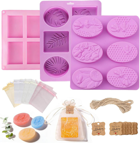 Soap Making Kit - Silicone Soap Molds for Soap Making, Professional Soap Making Supplies with 3 Silicone Molds, 40 Bags, 40 Gift Tags & Jute Twine, DIY Handmade Soap Molds Set for Beginners