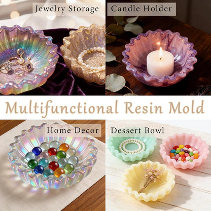 1Pc Bowl Epoxy Resin Silicone Tray Mold 3D Wavy Edge Casting Mold for DIY Plaster Cast Cement Rings Jewelry Storage Box Candle Holders Home Decortion Crafts Soap Dish Flower Pot Reusable