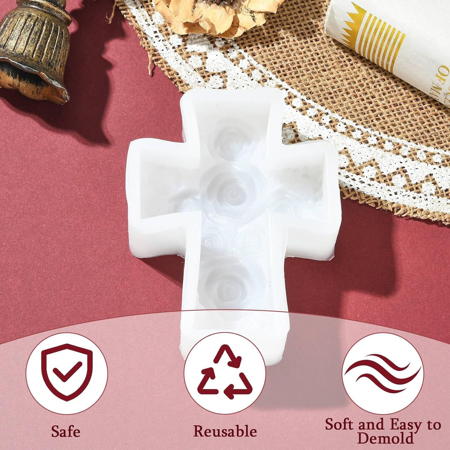 Airssory 1 Pc 3D Cross Pillar Candle Molds with Rose Flower Candle Silicone Molds for Making Candle, Resin, Aromatherapy Candles, Home Decor, Craft