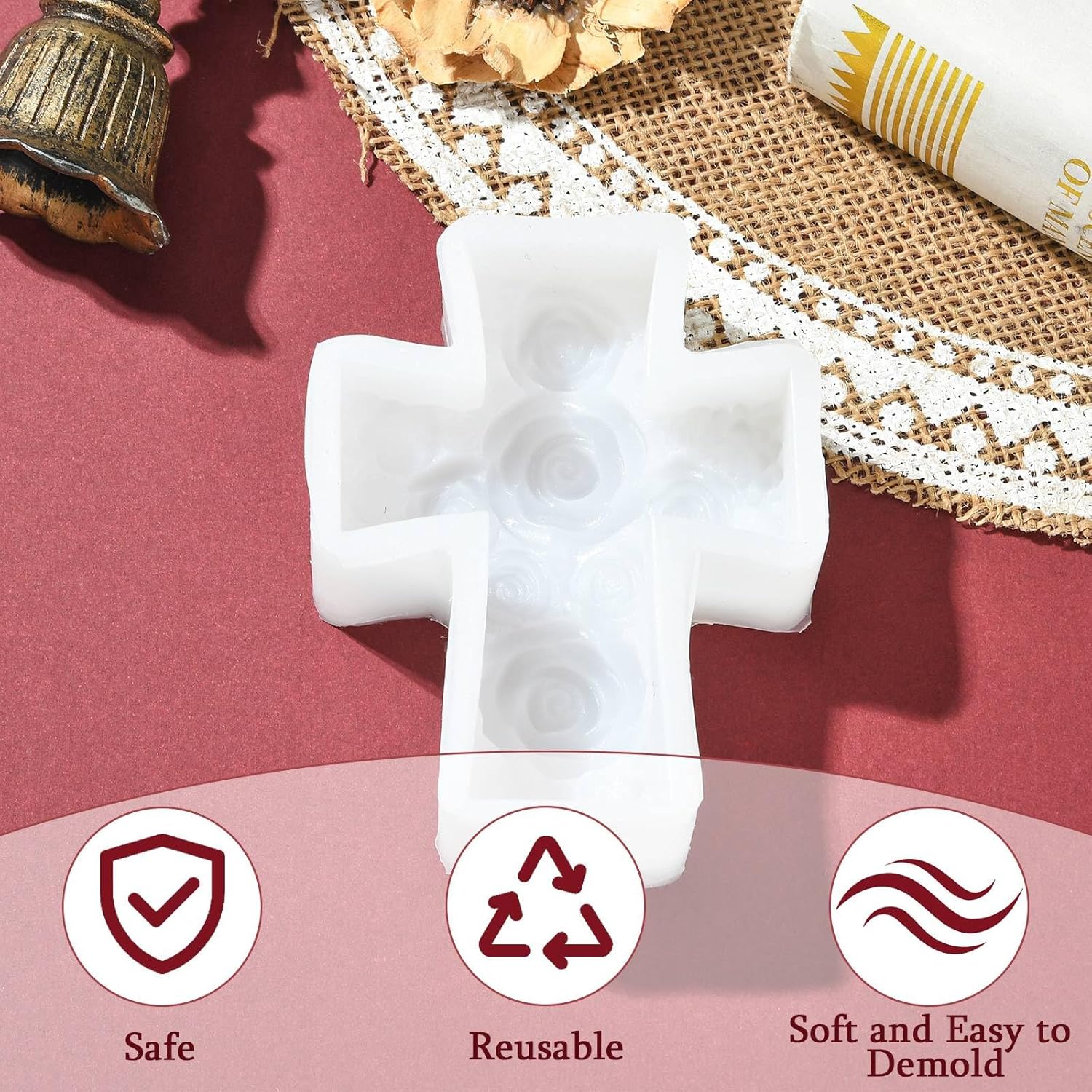 Airssory 1 Pc 3D Cross Pillar Candle Molds with Rose Flower Candle Silicone Molds for Making Candle, Resin, Aromatherapy Candles, Home Decor, Craft