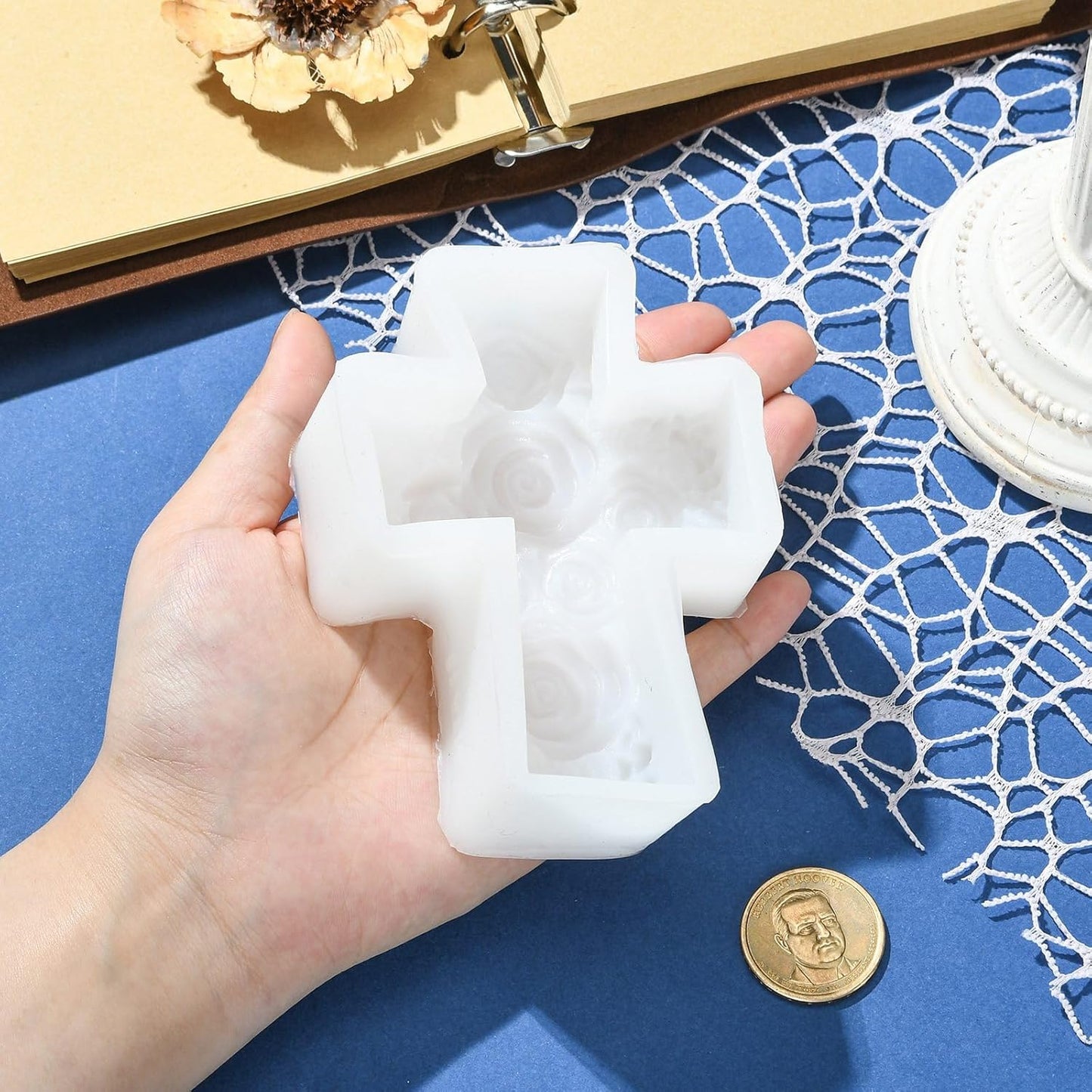 Airssory 1 Pc 3D Cross Pillar Candle Molds with Rose Flower Candle Silicone Molds for Making Candle, Resin, Aromatherapy Candles, Home Decor, Craft